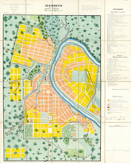План Тюмени  1:8K% Map of Tyumen
Проект урегулирования города Тюмени Тобольской губернии. Цветная версия. Высочайше утверждено: 13-го апреля 1861 года. Масштаб 100 сажен в дюйме. На полях - изъяснение существующих построек и места для предполагаемых построек.
Ключевые слова: Тюмень