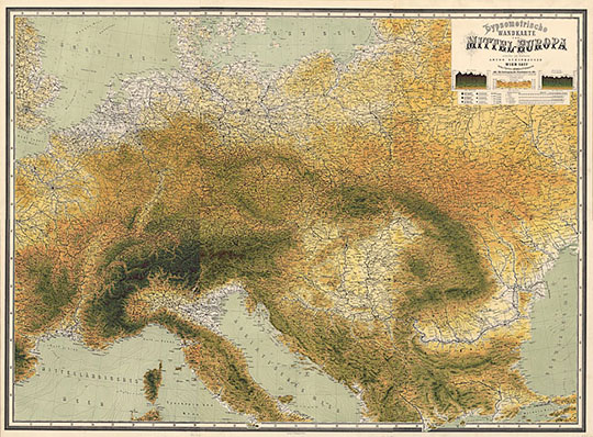 Гипсометрическая карта центральной Европы % Hypsometrische Wandkarte von Mittel-Europa
Гипсометрическая карта центральной части Европы. Сборная карта, склеенная из 6 листов. Составитель - Anton Steinhauser. Литография Anst.v. Th.Bannwarth в Вене. 162x114 см. Hypsometrische Wandkarte von Mittel-Europa. Entworfen und bearbeitet von Anton Steinhauser, mit Nachtragung der Eisenbahnen bis 1887.  
Ключевые слова: Вена,Европа