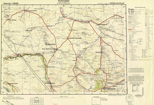 Немецкая карта окрестностей Ставрополя  1:300K% Map of Stavropol environs
Немецкая карта окрестностей Ворошиловска (Ставрополя). Osteuropa 1:30000. Sonderausgabe. Ausgabe Nr. 1, Stand 1.II.42. B46 Woroshilowsk.
Ключевые слова: Ставрополь,немецкие карты