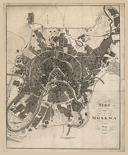 Plan von Moskwa  (Prag - v.1) 1:21K
Plan von Moskwa - Prag, 1808 - [1:21000], 100 саж. в 1 см. - Масштаб ошибочно вместо саженей указан в аршинах (arschinen). - План составлен в границах Камер-Коллежского вала и административно разделен на XX частей. Скопирован с плана И. Марченкова 1789 г. со всеми цифровыми индексами. Аналогичен плану Москвы 1807 года, изданному в Веймаре.
Ключевые слова: немецкие карты