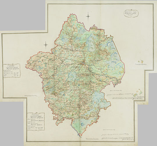 ПГМ Тверского уезда 1:84К %Land survey of the Tver uezd
План генерального межевания Тверского уезда. Сборная карта, склеенная из листов карт отдельных районов. Масштаб 2 версты в дюйме. Из кн.: Атлас Тверской губернии, состоящей из 12 уездов с топографическими и экономическими примечаниями, сочиненного в царствование государя императора Александра I-го в чертежной межевой канцелярии в 1825 году.
Ключевые слова: Тверь,межевание