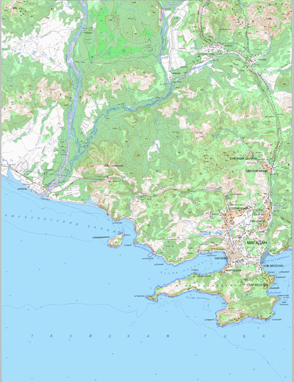 Карта окрестностей Магадана  1:200K% Map of Magadan environs
Карта окрестностей Магадана. Топографическая карта ГГЦ,  лист O-56-01. Масштаб 1:200,000. Издание 2001 года.
Ключевые слова: Магадан