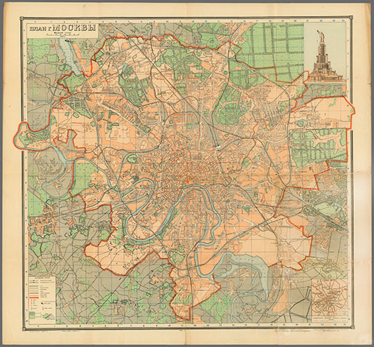 План г. Москвы 1:35K v.3 %Map of Moscow v.3
План г. Москвы: изм. и доп. - по сост. на 25 марта 1940 г. Вариант 3. / Сост. и изд. геодез. конторой упр-ия планировки г. Москвы в 1940 г.; Отв. ред. Н. В. Алферова. - Изд. 2-е. - 1:35000. - М., 1940 (Полигр. комб. им. В. М. Молотова ГУГК при СНК СССР). - 1 к.: цв., 2 доп. карты, ил.; 77x84 см + Указ. (65 с. (ок. 3900 назв.)); 13x10 см. - Печать двусторонняя. Доп. карты: Схема метро; Схема транспорта Москвы (на обороте л.) План дан в границах 1-го Генерального плана Москвы. В указателе, кроме улиц Москвы, помещены список улиц подмосковных городов, а также станции метро, театры, музеи, стадионы, гостиницы, станции речного трамвая, остановки всех видов городского транспорта, парки, сады. 
