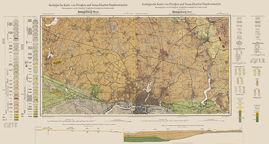 Геологическая карта Кенигсберга  1:25K% Geological map of Königsberg
Геологическая карта окрестностей Кенигсберга. Масштаб 1:25,000. Geologische Karte von Preußen und benachbarten Bundesstaaten. Königsberg (West) - 1911, Königsberg (Ost) - 1910.
Ключевые слова: Калининград,немецкие карты,геология