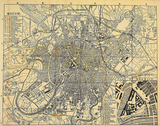 Английский план Москвы % Plan of Moscow by Murray
План Москвы из Путеводителя для путешественников по России, Польше и Финляндии, включая Крым, Кавказ, Сибирь и Центральную Азию. Murray’s Handbook for Travellers in Russia, Poland and Finland including the Crimea, Caucasus, Siberia and Central Asia, 3rd ed. London : J. Murray, 1875.
Ключевые слова: английские карты