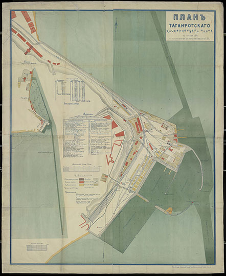 План Таганрогского коммерческого порта  1:16K% Plan of Taganrog port
План Таганрогского коммерческого порта по съемке 1913 года с сделанными исправлениями в 1914 году. Типо-литография Центральной Станции Гидро-Метеорологической Службы. Феодосия. Масштаб - 200 саженей в дюйме.
Ключевые слова: Таганрог