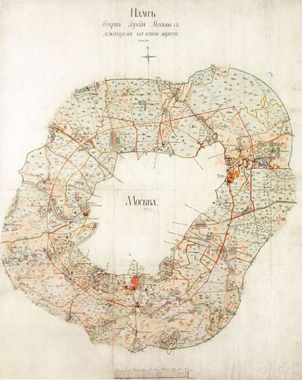 План вокруг города Москвы%Plan around the city of Moscow
План вокругъ Города Москвы, съ лежащими на пять верстъ дачами. В центральной части плана - белое поле по линии Камер-коллежского вала. Издан в Москве после 1776 г. План нарисован тушью и раскрашен акварелью, формат 1110х675.
