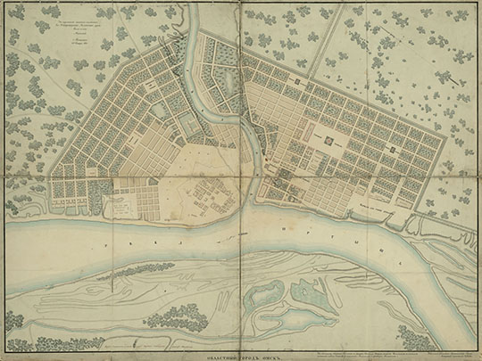 План застройки города Омска  1:8K% Plan of Omsk reconstruction
Областной город Омск. План застройки города работы архитектора В.И. Гесте. Масштаб - 100 сажен в английском дюйме. Подлинный подписал Архитектор Гесте. На подлинном написано собственною Его Императорского Величества рукою: Быть по сему. Николай. С. Петербург, 28 января 1829
Ключевые слова: Омск