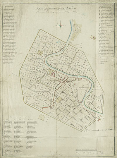 План города Вологды  1:8K% Plan of Vologda
План губернского города Вологды, высочайше конфирмованного 24 февраля 1781 года. Масштаб: в английском дюйме 100 саженей. Копия с плана города Вологды, подготовленная вельским уездным землемером Карауловым в середине 1830-х годов. План выполнен акварелью и черной тушью. Красным обозначены каменные здания, розовым – построенные в соответствии с планом деревянные.
Ключевые слова: Вологда