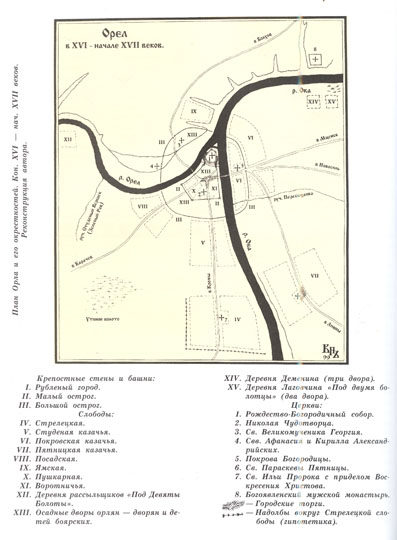 Орел до 1611 года  % Map of Oryol before 1611
Орел до 1611 года. Реконструкция Владимира Неделина из кн.: Неделин В.Н. «Орел изначальный». – Орел: Вешние воды. 2001.
Ключевые слова: Орёл
