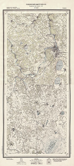 Карта окрестностей Челябинска  1:100K% Map of Chelyabinsk environs
Карта окрестностей Челябинска. Издание Геодезического Комитета ВСНХ-СССР. Сборная карта, состиавленная из листов топографических карт N-41-27 и N-41-39.  Масштаб 1:100,000. Издание 1927-1928 годов.
Ключевые слова: Челябинск