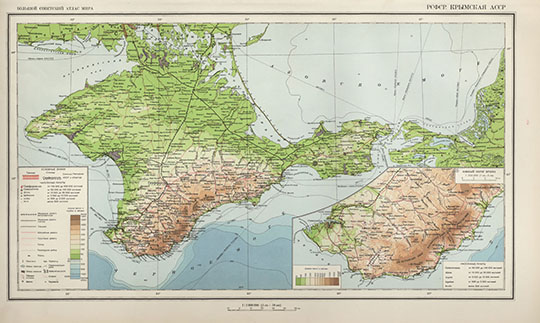 Крымская АССР в атласе БСАМ  1:1M% Krymskaya ASSR
РСФСР. Крымская АССР. Масштаб 1: 1,000,000 -  10 км в 1 см. Большой Советский Атлас Мира. Том II (1939).
Ключевые слова: Симферополь,Крым,атлас 1939 БСАМ