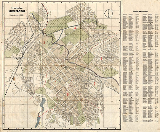 Немецкий план города Симферополя  1:10K% German plan of Simferopol
Немецкий план города Симферополя. Масштаб 1:10,000. Издание 1943 года.  На вкладке слева - указатель основных объектов города. Условная координатная сетка. Stadtplan SSimferopol.
Ключевые слова: Симферополь,Крым,немецкие карты