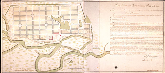 План Кургана 1:4200 % Plan of Kurgan
План Тобольского наместничества городу Кургану. 1840-е годы. Масштаб - 50 сажен в дюйме.
Ключевые слова: Курган
