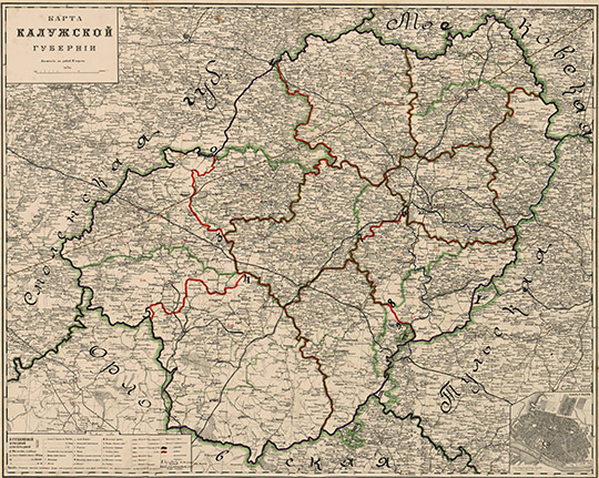 Карта Калужской губернии 1:1.26М %Map of Kaluga gubernia
Карта Калужской губернии. Macштaб 10 вepcт в дюймe. Начало XX века. Ha вpeзкe - cxeмaтичecкий плaн Kaлуги.
Ключевые слова: Калуга,карты Стрельбицкого
