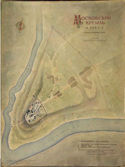 Московский Кремль в 1147 году%Moscow Kremlin in 1147
Чертеж "Схематический план Московского Кремля в 1147 г." На чертеже арх. А.И. Хамцова, выполненном в 1960 году,  представлена историческая реконструкция Кремля при основании города. Красной пунктирной линией на чертеже обозначены границы существующего Кремля. 94,2 х 72,8 см 
