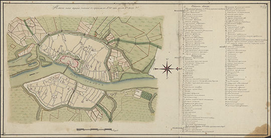 План Новгорода 1:8400 % Plan of Novgorod
План Нова города, снятой в прошлом 1756-го года июля 17-го дня Масштаб - 100 сажен в дюйме.. - Б.м., [1757]. - 1 л.: раскраш., рукоп., указ. (118 назв.); 50x96 см. Без сетки. Ориент. по западу. KGR Ко 111/V-17;
Ключевые слова: Великий Новгород