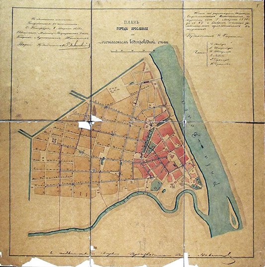 План Ярославля  1:8K% Plan of Yaroslavl
План г. Ярославля с обозначением водопроводной сети из проекта строительства ярославского водопровода инженера О. П. Вяземского. Разработан в 1876 г., утвержден Министром внутренних дел 8 марта 1878 г. ГКУ ЯО ГАЯО. Ф.509. Оп.1. Д.3614. Л.1. Масштаб 100 сажен в дюйме. 
Ключевые слова: Ярославль