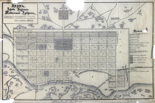 План Кургана 1:4200 % Plan of Kurgan
План города Кургана Тобольской губернии с показанием застрахованных имуществ в Московском Страховом от огня обществ. Снят февраля 1875г. Масштаб - 50 сажен в дюйме.
Ключевые слова: Курган