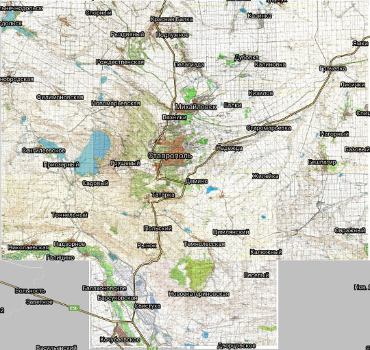 Ставрополь и окрестности 1:50K % Map of Stavropol and vicinity
Подробная топографическая карта окрестностей Ставрополя. Сборная карта, составленная из листов опубликованных в интернете топографических карт издания 1980-х годов..
Ключевые слова: Ставрополь,топографические карты