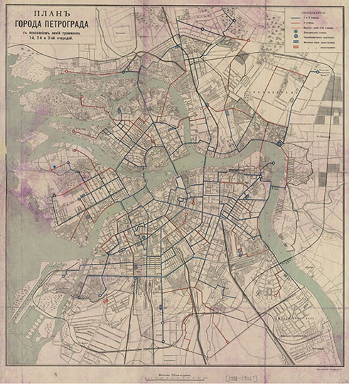 Петроград с показанием линий трамваев 1:27К % Petrograd with tram lines
План города Петрограда с показанием линий трамваев 1-й, 2-й и 3-ей очередей. Масштаб - 320 сажен в дюйме. Техн. автолит. Г. Де Кельш, ПТГ. 1915-1916 годы.
Ключевые слова: Санкт-Петербург,Петроград