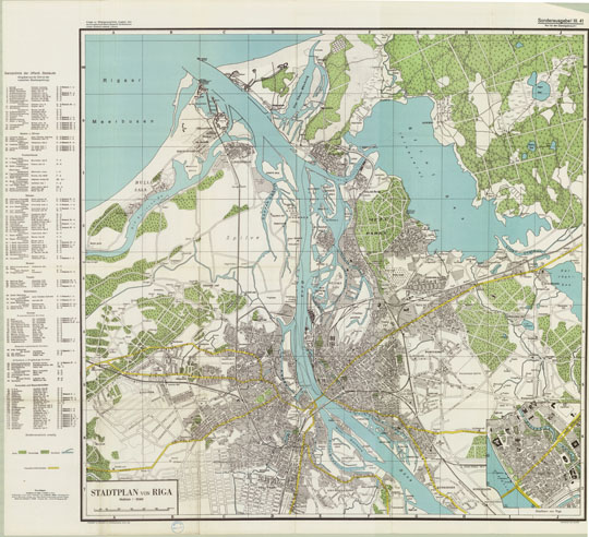 Немецкий план Риги  1:25K% German plan of Riga
Немецкий план Риги. Масштаб 1:25,000. Условная координатная сетка. Stadtplan von Riga. Hergestellt in Reichsamt Landesaufnahme, Berlin 1941. Generalstab der Luftwaffe.
Ключевые слова: Рига,немецкие карты