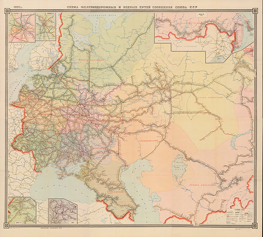 Схема железнодорожных и водных путей сообщения СССР %Transportation network of the USSR
Схема железнодорожных и водных путей сообщения Советского Союза. 1950г. Транскартография Союзтранспроекта МПС. На 4-х листах. На врезках - схемы отдельных участков транспортной сети СССР.
Ключевые слова: СССР