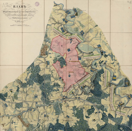 План окрестностей Бородина  1:16K% Plan of Borodino environs
План Окрестностей Села Бородина с показанием расположения войск, собираемых к оному в 1839 году. Масштаб в Английском дюйме 200 сажен.
Ключевые слова: Бородино