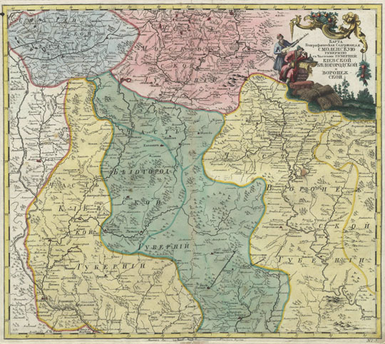 Лист 5 Атласа Российского % Page 5 of Russia Atlas
Карта географическая содержащая Смоленскую губернию с частями губерний Киевской, Белгородской и Воронежской. В кн.: Атлас Российский, состоящий из девятнадцати специальных карт, представляющих Всероссийскую империю с пограничными землями, сочиненный по правилам географическим и новейшим обсервациям, с приложенною притом Генеральною картою великия сия империи, старанием и трудами Императорской академии наук. : Императорская Академия Наук. СПб. 1745. 20 л. гравир. карт
Ключевые слова: Смоленск,Воронеж,Белгород,Тула,Брянск,атласы,атлас 1745