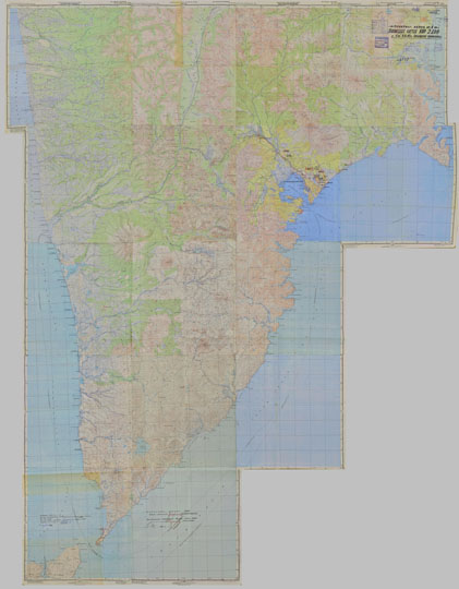 Карта южной части полуострова Камчатка 1:200K % Southern part of Kamchatka
Карта южной части полуострова Камчатка. Сборная карта, склеенная из листов карт Генерального Штаба РККА масштаба 1:200,000. Издание 1945 года.
Ключевые слова: Камчатка,карты РККА