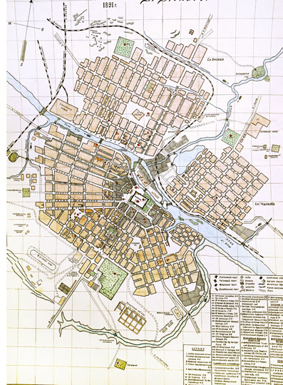 План Тулы % Map of Tula
План города Тулы. 1891 год. Условная координатная сетка. На врезке - основные достопримечательности города.
Ключевые слова: Тула