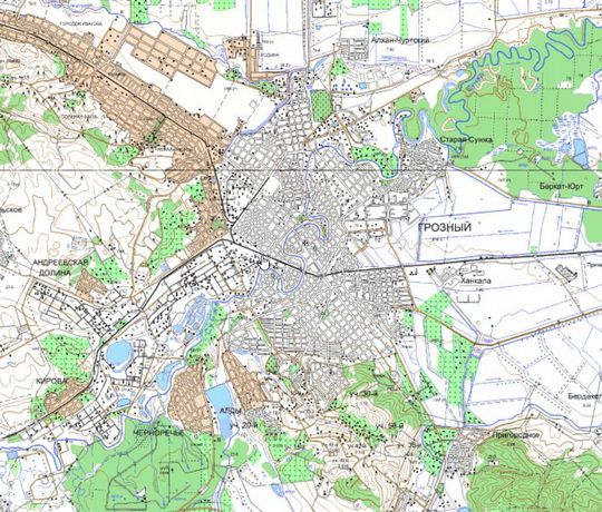 Грозный  и окрестности %Grozny and vicinity
Грозный и окрестности. Карта Госгеоцентра. Масштаб 1:25,000
Ключевые слова: Грозный,карты ГГЦ
