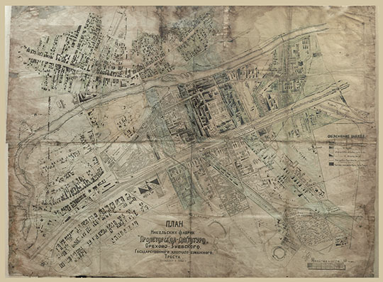План Никольских фабрик "Пролетарская Диктатура" %Plan of Proletarskaya Diktatura factory
План Никольских фабрик "Пролетарская Диктатура" Орехово-Зуевского Государственного Хлопчато-бумажного Треста. Составлен в 1925г. Масштаб - 20 сажен в сотке.
Ключевые слова: Орехово-Зуево