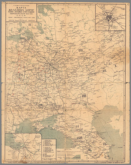Карта путей сообщения Европейской части СССР %Transportation network of the USSR
Схематическая карта железных дорог, водных и шоссейных путей сообщения Европейской части С.С.С.Р. Издание Северо-Кавказского краевого совета ОСВОДа. 1934г. 61 х 48 см. Масштаб 1:4,800,000. 
Ключевые слова: Европейская Россия