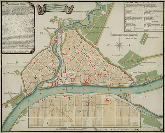 План Губернского Города Пскова  1:8K%Plan of Pskov
План Губернского Города Пскова с поселенными при нем слободами. Конфирмован в 1778 году июня 16 дня. Масштаб 100 саженей в дюйме
Ключевые слова: Псков