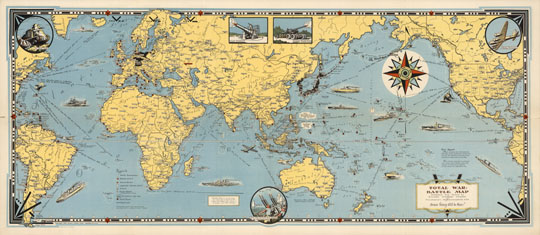 Карта II мировой войны % Total War Victory Map
Иллюстрированная карта мировой войны. Invasion and Total War Victory Maps with Decorations, Illustrations and Military and Naval Insignia. Published by Ernest Dudley Chase of Winchester, Mass. 1942. 37 х 91 см. 
Ключевые слова: Карты мира,американские карты