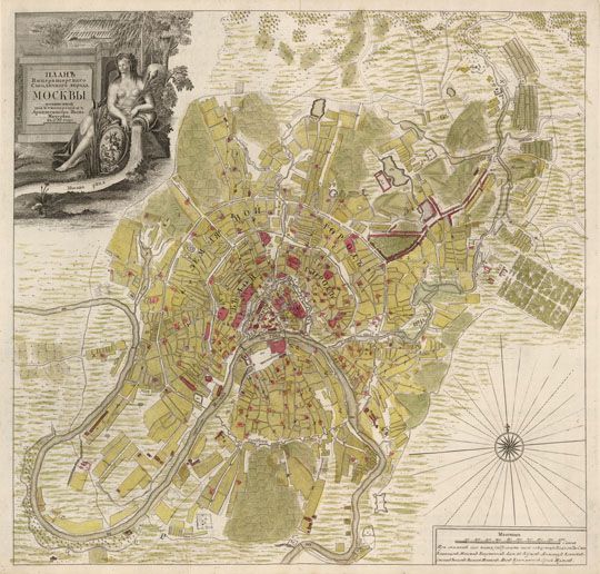 Мичуринский план Москвы v.2%Plan of Moscow by Michurin v.2
Вариант плана Императорскаго Столичнаго города МОСКВЫ сочиненной под смотрением Архитектора Ивана Мичурина в 1739 году. Карта гравирована на меди в формате 585х494 и раскрашена. 
Ключевые слова: Мичуринский план