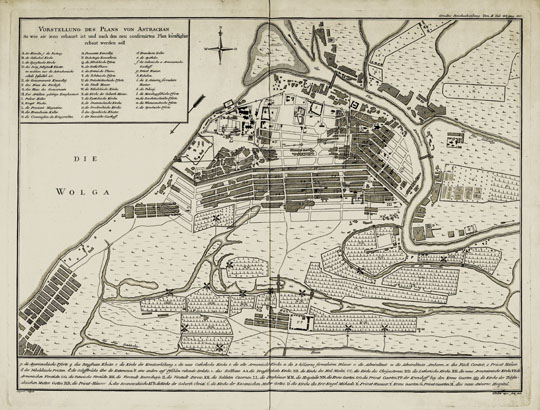 План Астрахани % Plan of Astrakhan
План Астрахани - существующих и планируемых строений. Vorstellung des Plans von Astrachan [Kartenmaterial] : so wie sie iezo erbauet ist und nach den neu confirmirten Plan künftighin erbaut werden soll / Sergeew scripsit ; Kubakin aqva forti fecit. Из кн.: Gmelins Reisebeschreibung Tom. II. Tab. 43. pag. 160. Санкт-Петербург [1774]. 40 х 56 см
Ключевые слова: Астрахань