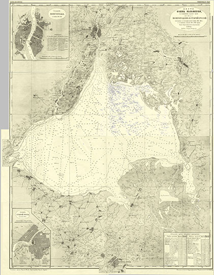 Карта озера Ильмень  1:54K% Map of Ilmen lake
Карта озера Ильмень, с обозначением водного пути между Новгородом и Старой Руссой. Составлена по топографической съёмке 1860-1862 годов и морских описей 1819 и 1823 годов. Издана Гидрографическим Департаментом в 1870 году. Глубины показаны в футах. Масштаб 1:54600 или 650 саженей в дюйме
Ключевые слова: Великий Новгород,Ильмень
