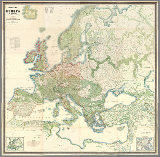 Генеральная карта Европы 1:2.5М %General-Karte von Europa
Типометрическая генеральная карта Европы. 1843г.  Отпечатано в типографии K.K.A.P. в Вене. Издатели - Дж. Берманн и Сын, в Грабене. Масштаб 1:2,500,000. Склеено из 24 листов размером  41 x 58 см. Der typometrischen General-Karte von Europa, aus der K.k.a.p. geographischen typographie, in Wien, bei J. Bermann und Sohn, am Graben. 
Ключевые слова: Европа