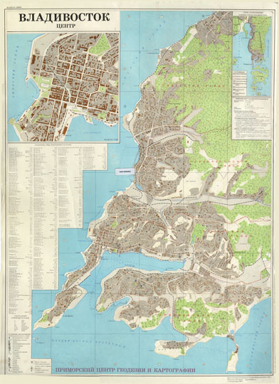 Владивосток и окрестности  1:20K% Vladivostok and environs
Карта Владивостока и окрестностей. Масштаб 1:20,000. На врезках - карта центра Владивостока (код 1419954) и указатель улиц города. Условная координатная сетка. Издание Приморского Центра Геодезии и Картографии, 1995г.
Ключевые слова: Владивосток
