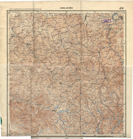 Карта РККА окрестностей Горно-Алтайска 1:300К % Map of Gorno-Altaysk vicinity
Карта окрестностей Горно-Алтайска. Лист 1-М-45 карты РККА. Издание конца 1940х - начала 1950х годов. Масштаб 1:300,000.
Ключевые слова: Горно-Алтайск,карты РККА