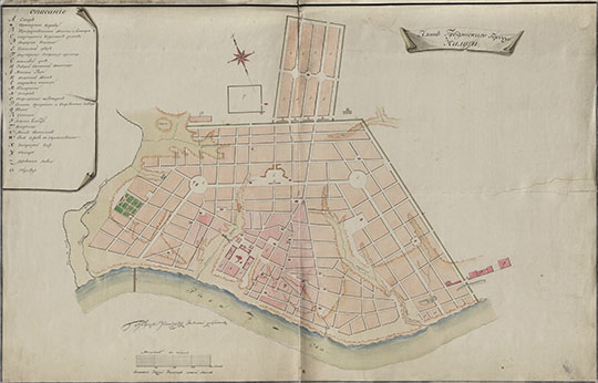 План Губернского города Калуги  1:8K% Plan of Kaluga
План Губернского города Калуги с показанием и описанием зданий государственных, духовных и общественных учреждений. Масштаб 100 саженей в 1 десятой фута. 100x65 см.
Ключевые слова: Калуга