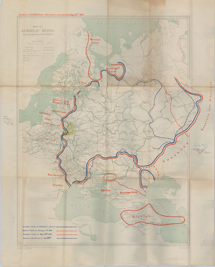 Карта Европейской России 1:6.3M % Map of European Russia
Карта Европейской России с указанием железных дорог и водных путей сообщения. Указаны положения войск по состоянию на 12 августа 1919 года. Издание Генерального Штаба Британских вооруженных сил. Масштаб 1:6,300,000. Map of European Russia Showing Railways; Waterways: Situation in Russia from Information Received up to Aug. 12th, 1919.Great Britain. War Office. Geographical Section, General Staff
Ключевые слова: Европейская Россия,английские карты