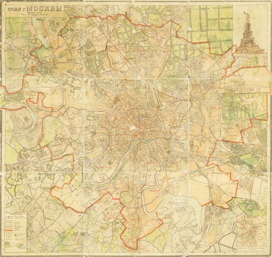 План г. Москвы 1:35K v.1 %Map of Moscow v.1
План г. Москвы: изм. и доп. - по сост. на 25 марта 1940 г. Вариант 1. / Сост. и изд. геодез. конторой упр-ия планировки г. Москвы в 1940 г.; Отв. ред. Н. В. Алферова. - Изд. 2-е. - 1:35000. - М., 1940 (Полигр. комб. им. В. М. Молотова ГУГК при СНК СССР). - 1 к.: цв., 2 доп. карты, ил.; 77x84 см + Указ. (65 с. (ок. 3900 назв.)); 13x10 см. - Печать двусторонняя. Доп. карты: Схема метро; Схема транспорта Москвы (на обороте л.) План дан в границах 1-го Генерального плана Москвы. В указателе, кроме улиц Москвы, помещены список улиц подмосковных городов, а также станции метро, театры, музеи, стадионы, гостиницы, станции речного трамвая, остановки всех видов городского транспорта, парки, сады. 
