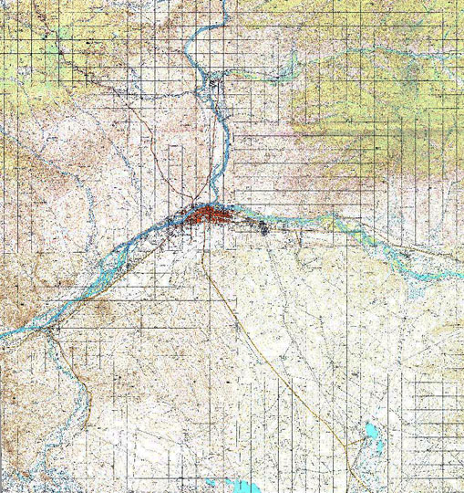 Кызыл на карте 1:100K % Map of Kyzyl and vicinity
Карта окрестностей Кызыла. Издание 1975 года. Масштаб 1:100,000.
Ключевые слова: Кызыл,Тува,топографические карты
