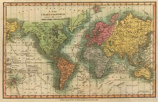 Новая карта мира издания Дартона  1:114M% A new chart of the World 
Карта мира. 24 х 36см. Масштаб 1:114,000,000. A new chart of the World on Mercator's projection. Published August 12th 1811, by William Darton Junr., 58 Holborn Hill.
Ключевые слова: английские карты