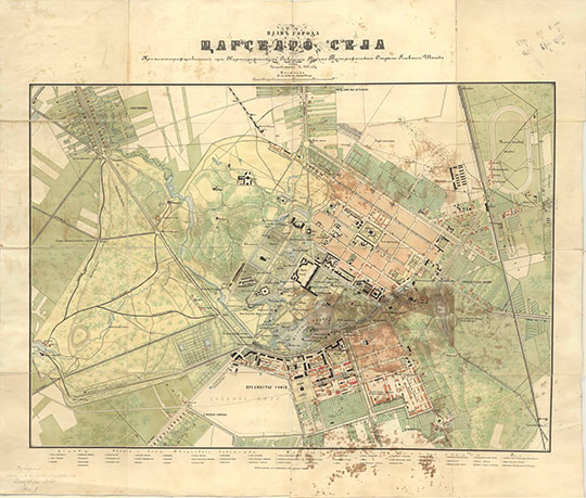 План города Царского Села  1:8K % Plan of Tsarskoe Selo
План города Царского Села, хромолитографированный при Картографическом Заведении Военно-Топографического Отдела Главного Штаба. 1867. Исправленный в 1897 году. 580 х 680 мм. Масштаб - в английском дюйме 100 сажен. Вариант 1.
Ключевые слова: Пушкин,Царское Село
