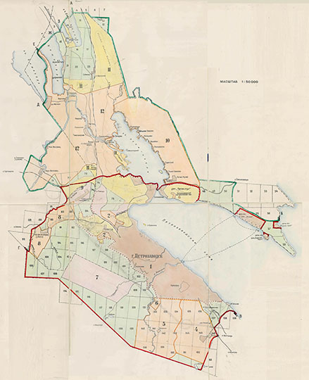 Карта лесных кварталов в окрестностях Петрозаводска 1:50К %Map of forests in Petrozavodsk region
Карта лесных кварталов в окрестностях Петрозаводска. 1958 год. Масштаб 1:50,000.
Ключевые слова: Петрозаводск