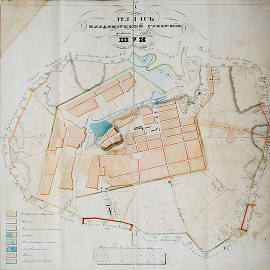План города Шуя  1:8K% Plan of Shuya
План Владимирской губернии уездного города Шуи снятый в 1850 году. Масштаб - в английском дюйме 100 сажен
Ключевые слова: Шуя